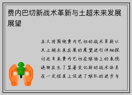 费内巴切新战术革新与土超未来发展展望 费内巴切新战术革新与土超未来发展展望