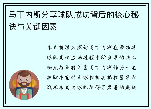 马丁内斯分享球队成功背后的核心秘诀与关键因素